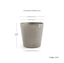 Šedý kulatý květináč Ecopots Amsterdam Wheels 100: výška 90 centimetrů, horní průměr 100,2 centimetrů, objem 466 litrů.
