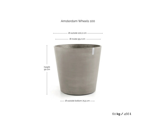 Šedý kulatý květináč Ecopots Amsterdam Wheels 100: výška 90 centimetrů, horní průměr 100,2 centimetrů, objem 466 litrů.