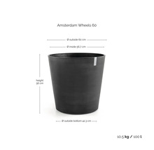 Květináč Amsterdam Wheels 60: výška 56 centimetrů, průměr 60 centimetrů, objem 100 litrů, hmotnost 10,5 kilogramu.