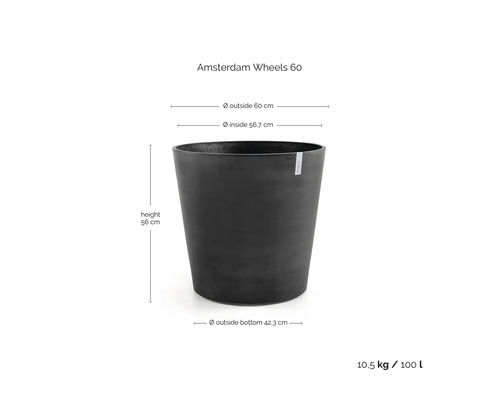 Květináč Amsterdam Wheels 60: výška 56 centimetrů, průměr 60 centimetrů, objem 100 litrů, hmotnost 10,5 kilogramu.