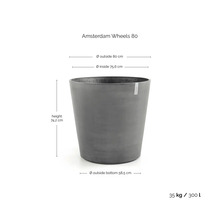 Šedý kónický květináč Amsterdam Wheels 80, výška 74,2 centimetru, průměr 80 centimetrů, 35 kilogramů, 300 litrů.