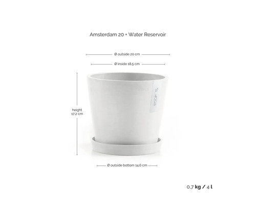 Květináč Ecopots Amsterdam 20 se zásobníkem na vodu, průměr 20 centimetrů, výška 17,2 centimetrů, objem 4 litry.