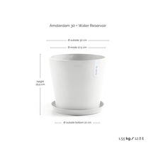 Květináč Ecopots Amsterdam 30 se zásobníkem na vodu, výška 25,9 centimetrů, vnější průměr 30 centimetrů, objem 12,8 litrů.