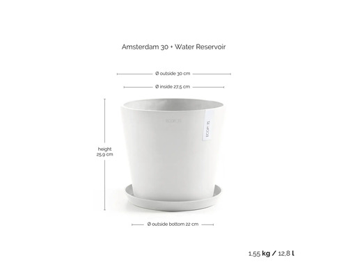 Květináč Ecopots Amsterdam 30 se zásobníkem na vodu, výška 25,9 centimetrů, vnější průměr 30 centimetrů, objem 12,8 litrů.