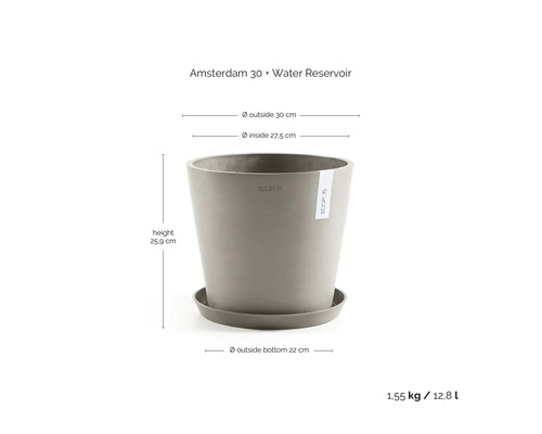 Květináč ECOPOTS Amsterdam 30 s rezervoárem na vodu, průměr 30 centimetrů, výška 25,9 centimetrů, objem 12,8 litru, šedý.