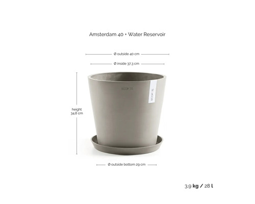 Květináč Ecopots Amsterdam 40 se zásobníkem na vodu, výška 34,8 centimetrů, průměr 40 centimetrů, objem 28 litrů.