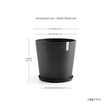 Květináč Amsterdam 50 s vodním zásobníkem, výška 44,3 centimetru, vnější průměr 50 centimetrů, objem 62 litrů.