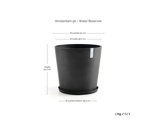 Květináč Amsterdam 50 s vodním zásobníkem, výška 44,3 centimetru, vnější průměr 50 centimetrů, objem 62 litrů.