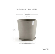 Květináč Ecopots Amsterdam 50 s rezervoárem na vodu, průměr 50 centimetrů, výška 44,3 centimetrů, objem 62 litrů, hmotnost 5 kilogramů.
