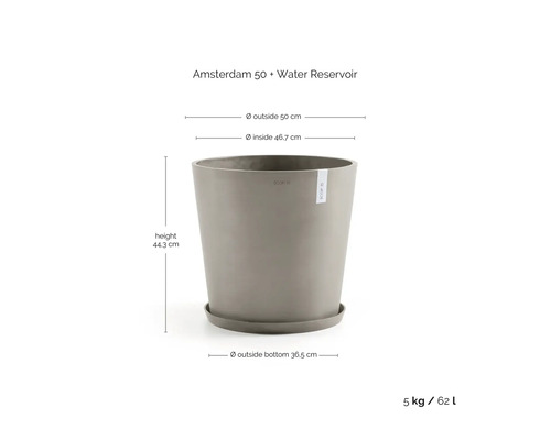 Květináč Ecopots Amsterdam 50 s rezervoárem na vodu, průměr 50 centimetrů, výška 44,3 centimetrů, objem 62 litrů, hmotnost 5 kilogramů.