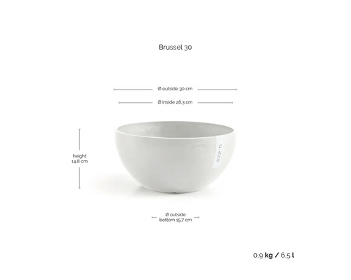 Miska Ecopots Brussel 30: výška 14.8 centimetru, vnější průměr 30 centimetrů, vnitřní průměr 28.3 centimetru, objem 6.5 litru.
