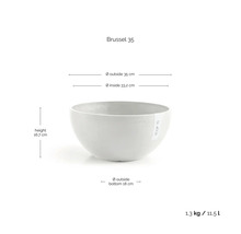 Světle šedá mísa Ecopots Brussel 35, vnější průměr 35 centimetrů, vnitřní 33,2 centimetrů, výška 16,7 centimetrů, 11,5 litru, 1,3 kilogramu.