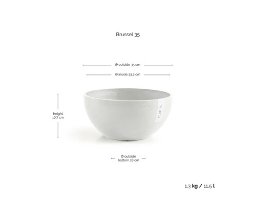 Světle šedá mísa Ecopots Brussel 35, vnější průměr 35 centimetrů, vnitřní 33,2 centimetrů, výška 16,7 centimetrů, 11,5 litru, 1,3 kilogramu.