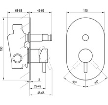 Technický nákres podomítkového termostatického modulu s rozměry