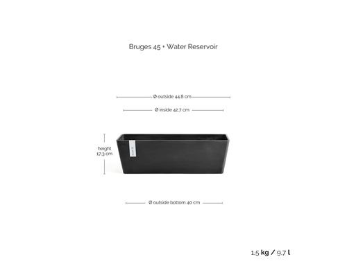Truhlík Bruges 45 s vodním zásobníkem, nahoře 44,8 centimetru, uvnitř 42,7 centimetru, výška 17,3 centimetru, dole 40 centimetrů, 9,7 litru.