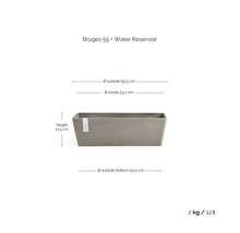 Obdélníkový truhlík Bruges 55 s nádržkou na vodu, šířka 55,3 centimetrů, výška 17,5 centimetrů, objem 12 litrů, hmotnost 2 kilogramy.
