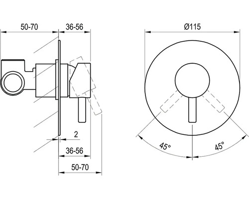 Technický výkres rohového regulačního ventilu s rozměry