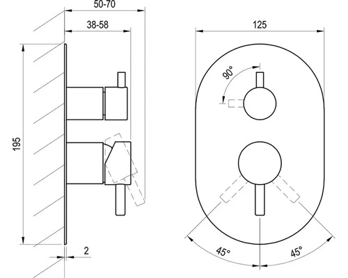Technický výkres koupelnové armatury s rozměry