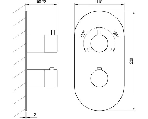 Technický výkres podomítkové sprchové armatury s rozměry