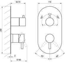Technický výkres podomítkové baterie s rozměry