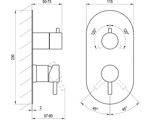 Technický výkres podomítkové baterie s rozměry