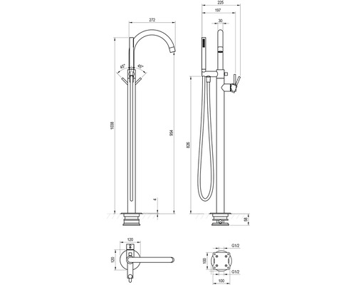 Technický nákres volně stojící vanové baterie s ruční sprchou a rozměry
