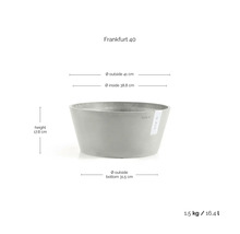 Mísa na rostliny Ecopots Frankfurt 40 s rozměry: výška 17,8 centimetrů, vnější průměr 41 centimetrů a objem 16,4 litrů.
