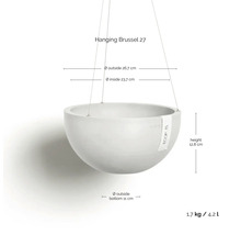 Rozměry závěsného květináče Hanging Brussel 27 s průměrem circa 27 centimetrů, výškou 12,8 centimetrů, vahou 1,7 kilogramu a objemem 4,2 litru.