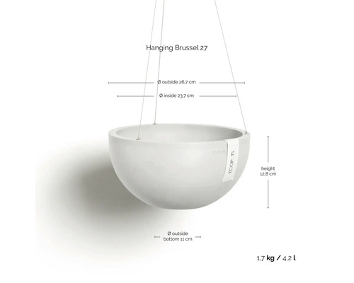 Rozměry závěsného květináče Hanging Brussel 27 s průměrem circa 27 centimetrů, výškou 12,8 centimetrů, vahou 1,7 kilogramu a objemem 4,2 litru.