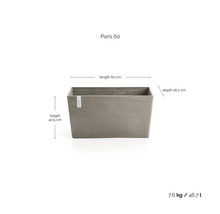 Obdélníkový truhlík Paris 60, Logo Ecopots, délka 60 centimetrů, výška 40,5 centimetrů, hloubka 26,2 centimetrů, hmotnost 7,6 kilogramů.