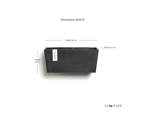 Nástěnný květináč Ecopots Manhattan Wall M: délka 35 centimetrů, výška 15 centimetrů, hloubka 17,2 centimetrů, váha 2,1 kilogramu, objem 5,6 litrů.