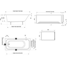 Technický nákres vany s rozměry.