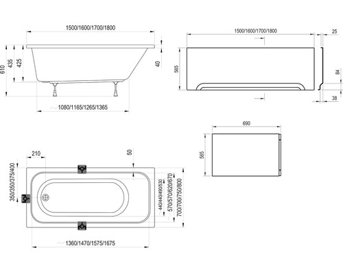 Technický nákres vany s rozměry.