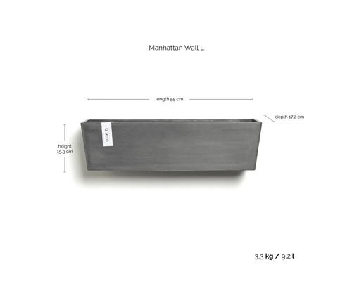 Nástěnný truhlík ECOPOTS Manhattan Wall L, 55 krát 15,3 krát 17,2 centimetru, objem 9,2 litru, hmotnost 3,3 kilogramu.