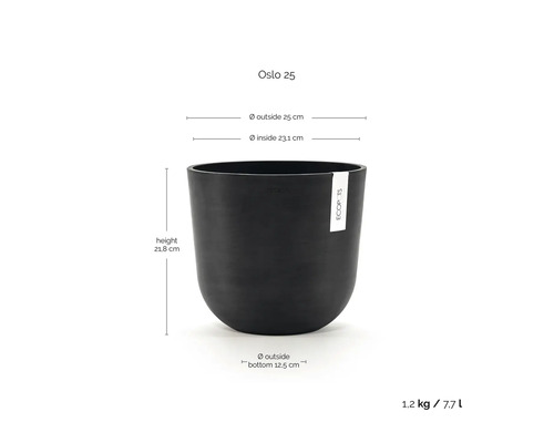 Květináč Ecopots Oslo 25: výška 21,8 centimetrů, vnější průměr 25 centimetrů, objem 7,7 litrů, hmotnost 1,2 kilogramu.