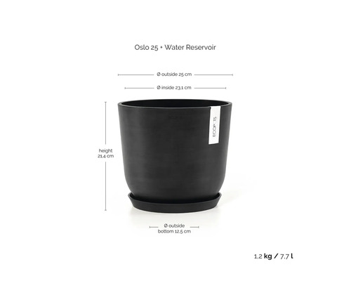 Květináč Ecopots Oslo 25 s rezervoárem. Rozměry: výška 21,4 centimetrů, vnější průměr 25 centimetrů, objem 7,7 litrů, hmotnost 1,2 kilogramů.