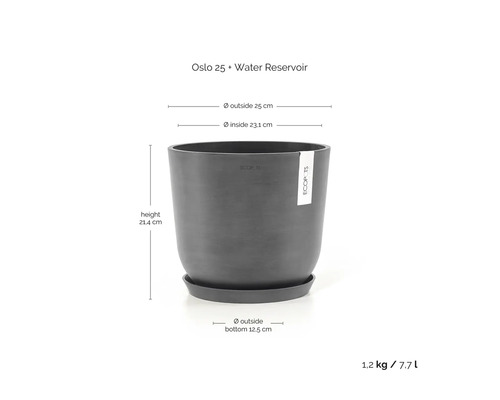Kulatý květináč Ecopots Oslo 25 s vodním rezervoárem, průměr 25 centimetrů, výška 21,4 centimetru, objem 7,7 litru, šedý.