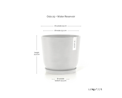 Šedý květináč Ecopots Oslo 25 s rezervoárem na vodu, průměr 25 centimetrů, výška 21,4 centimetrů, hmotnost 1,2 kilogramu, objem 7,7 litru.