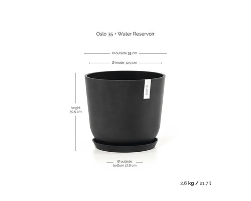 Květináč Ecopots Oslo 35 s rezervoárem na vodu, průměr 35 centimetrů, výška 30,5 centimetru, objem 21,7 litru, černý.