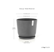 Květináč Ecopots Oslo 35 se zásobníkem vody. Průměr 35 centimetrů, vnitřní 32,9 centimetrů, výška 30,5 centimetrů, objem 21,7 litrů.