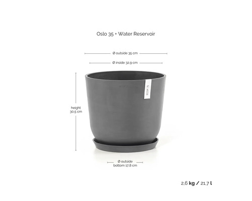 Květináč Ecopots Oslo 35 se zásobníkem vody. Průměr 35 centimetrů, vnitřní 32,9 centimetrů, výška 30,5 centimetrů, objem 21,7 litrů.