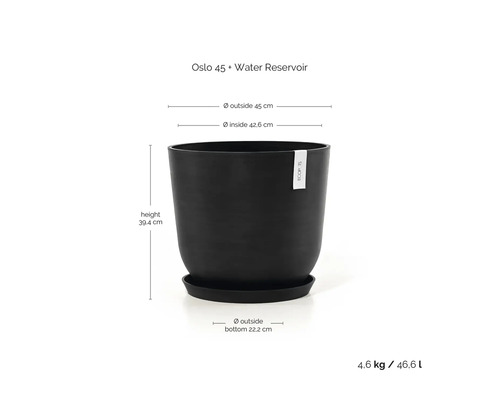 Černý květináč Ecopots Oslo 45 s rezervoárem na vodu, výška 39,4 centimetrů, vnější průměr 45 centimetrů, objem 46,6 litrů.