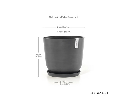 Květináč Ecopots Oslo 45 s nádrží na vodu, průměr 45 centimetrů, výška 39,4 centimetrů, objem 46,6 litrů.