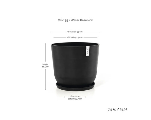 Černý květináč Ecopots Oslo 55 s rezervoárem na vodu, průměr 55 centimetrů, výška 48,5 centimetru, objem 85,6 litru.