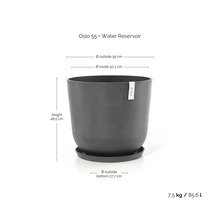 Květináč Ecopots Oslo 55 antracit s rezervoárem vody, výška 48,5 centimetru, vnější průměr 55 centimetrů, objem 85,6 litru.