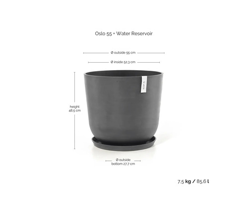 Květináč Ecopots Oslo 55 antracit s rezervoárem vody, výška 48,5 centimetru, vnější průměr 55 centimetrů, objem 85,6 litru.