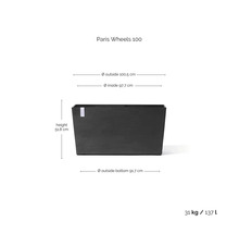 Tmavě šedý obdélníkový květináč Paris Wheels 100 s rozměry: výška 51,8 centimetrů, šířka 100,5 centimetrů, objem 137 litrů.
