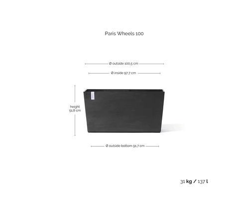 Tmavě šedý obdélníkový květináč Paris Wheels 100 s rozměry: výška 51,8 centimetrů, šířka 100,5 centimetrů, objem 137 litrů.