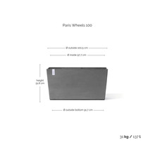 Obdélníkový truhlík Paris Wheels 100 s rozměry: výška 51,8 centimetrů, vnější šířka 100,5 centimetrů a objem 137 litrů.