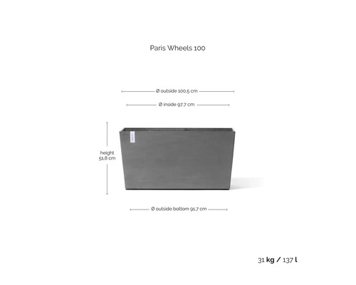 Obdélníkový truhlík Paris Wheels 100 s rozměry: výška 51,8 centimetrů, vnější šířka 100,5 centimetrů a objem 137 litrů.